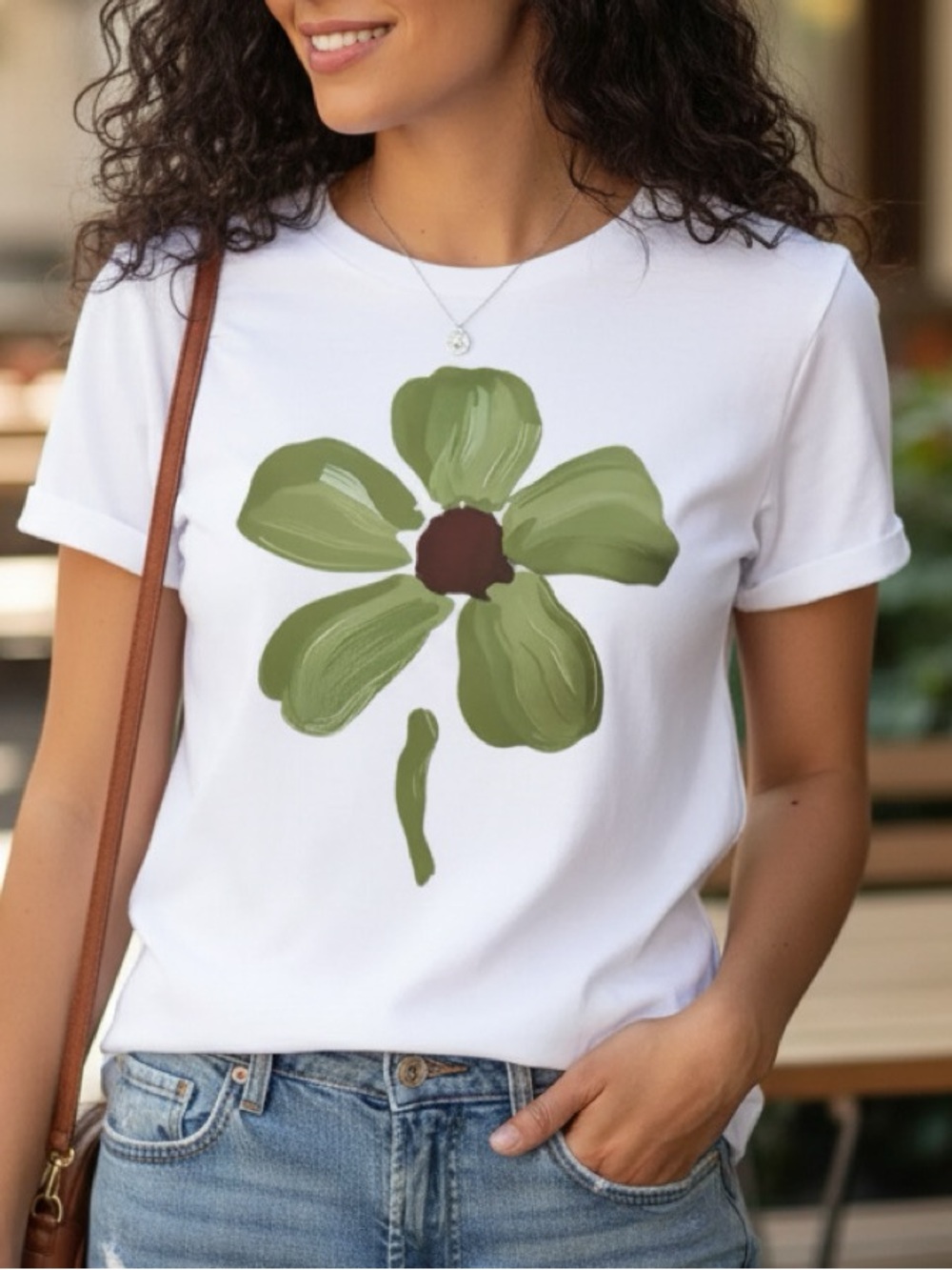 White Floral Graphic Tee with Olive Green Flower Vacation Airy Casual Y2K NWOT